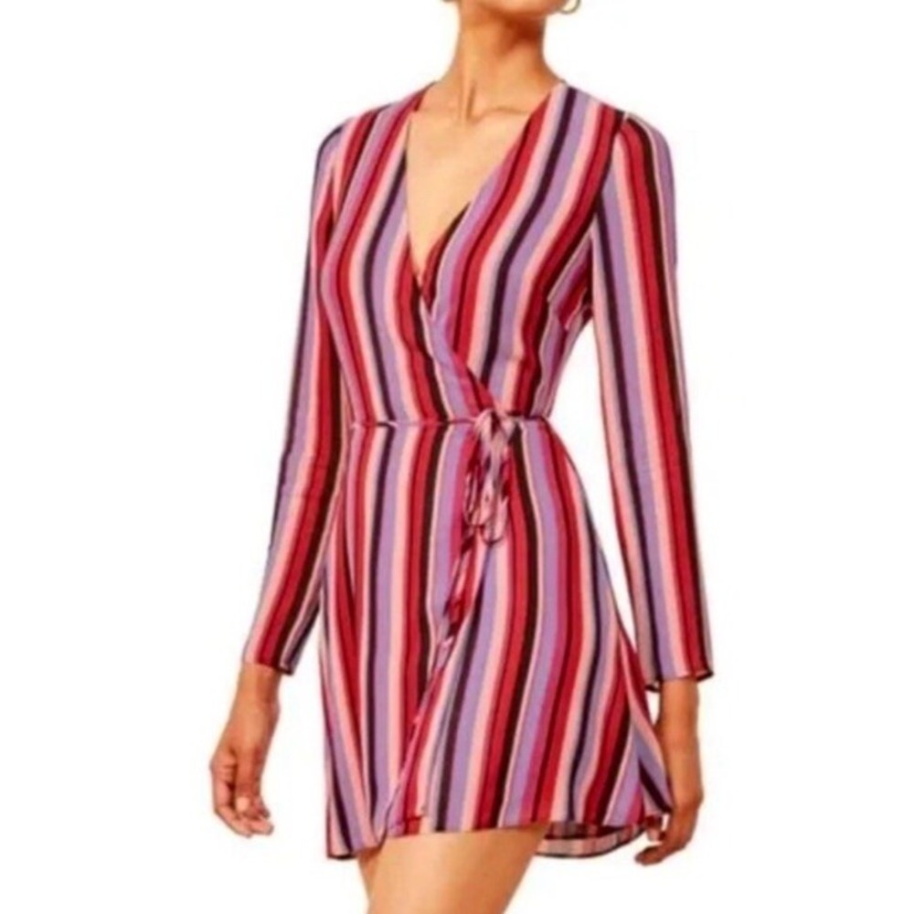 REFORMATION Gjelina Luisa Stipe Mini Wrap Dress Long Sleeve NWT Size Small